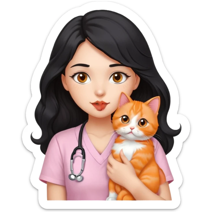 a girl with dark brown eyes and long wavy black hair wearing a short-sleeved tshirt in soft pink with a stethoscope on her neck, while doing a kissy face pose and holding her orange persian cat sticker