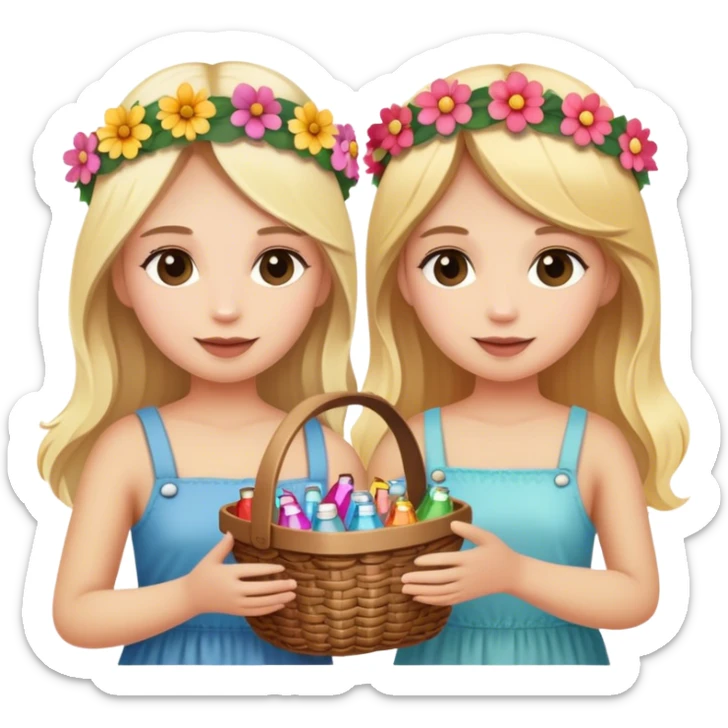 Two blonde girls wearing flower crown holding a basket full of mini bottles  sticker