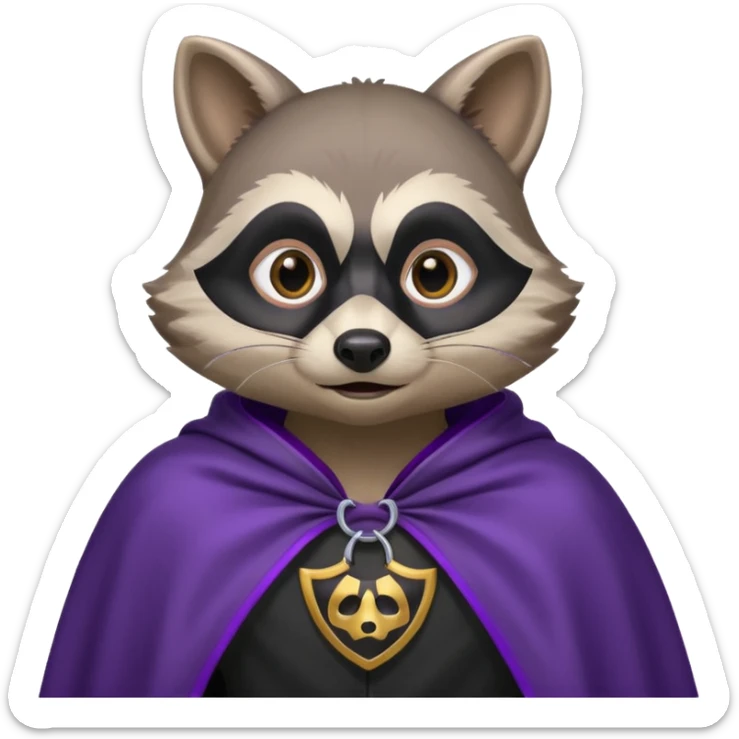 alors ce raton laver doit être équipé d'une cape de thieving noir avec trim bordure mauve comme dans le jeu old school runescape. au centre de la cape une icone de masque de voleur est visible . le visage du raton est shook sticker
