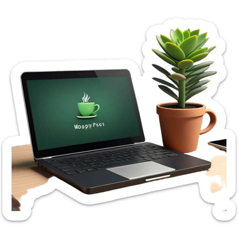 A tidy desk with a laptop, a steaming cup of coffee, and a small green potted plant, showing an organized and inspiring workspace sticker
