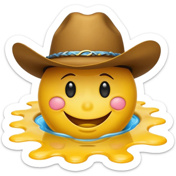 A yellow smiley face melting into a puddle. 

The eyes and mouth slip down the face, yet still maintain a distorted smile. The face is wearing a cowboy hat. sticker