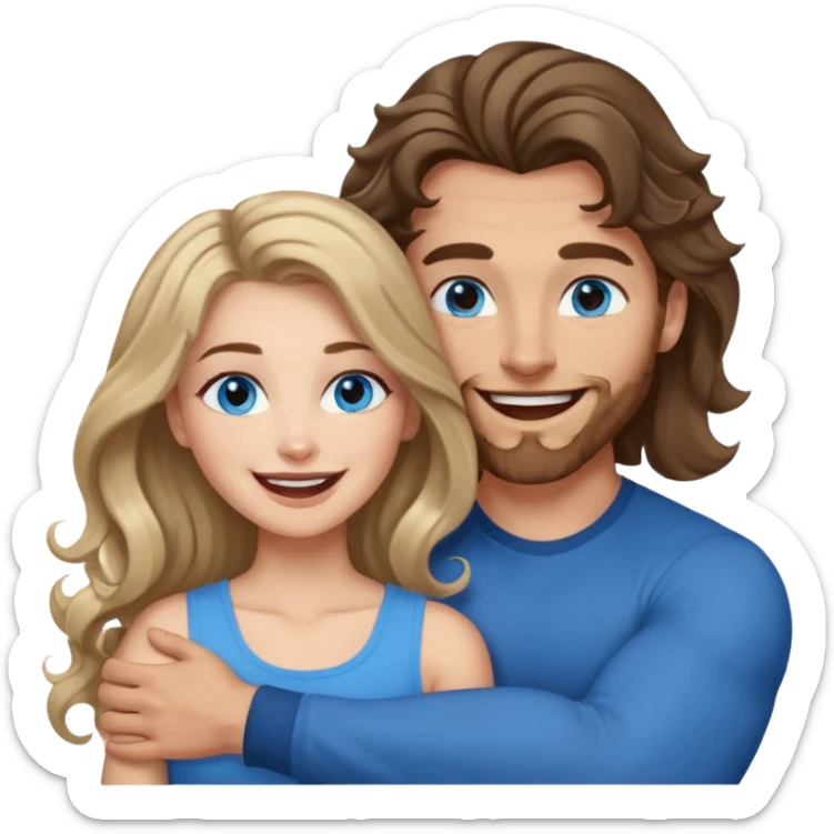 Women with blue eyes and very long, brown blond balayage curled hair in the arms of a man with strong arms a straight face, a very sexy man blue eyes. They are laughing at each other. He has dark brown hair: A fade haircut down to skin and is light skinned  sticker