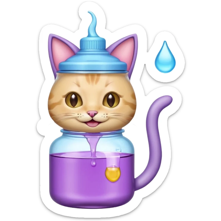 Smiling bottle of oil light purple top and light blue sticking tongue out and with cat ears sticker
