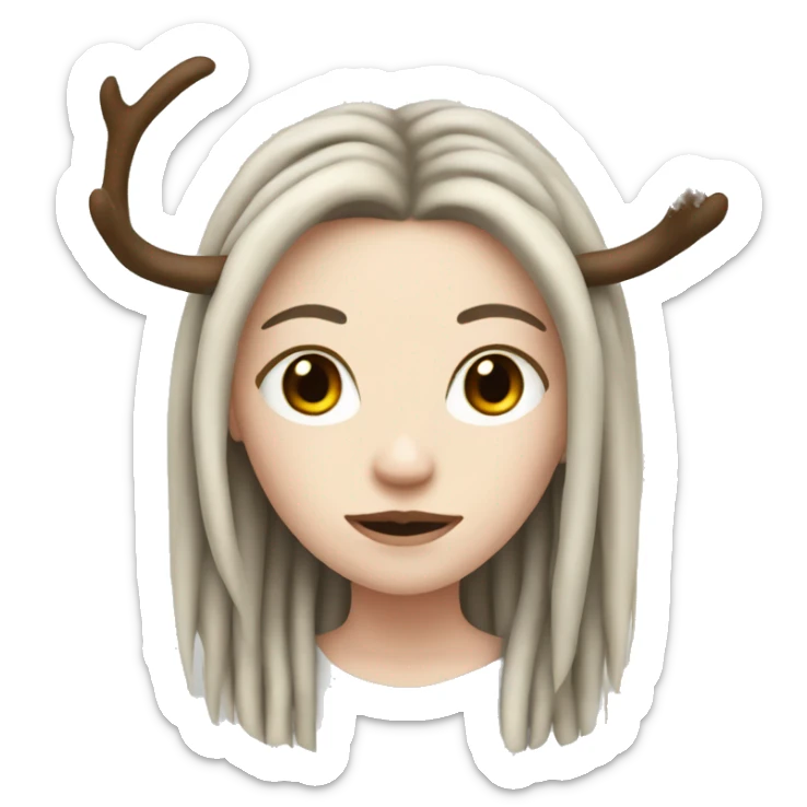 Portrait. Girl with pale skin-tone has black dreadlocks, antlers sticker