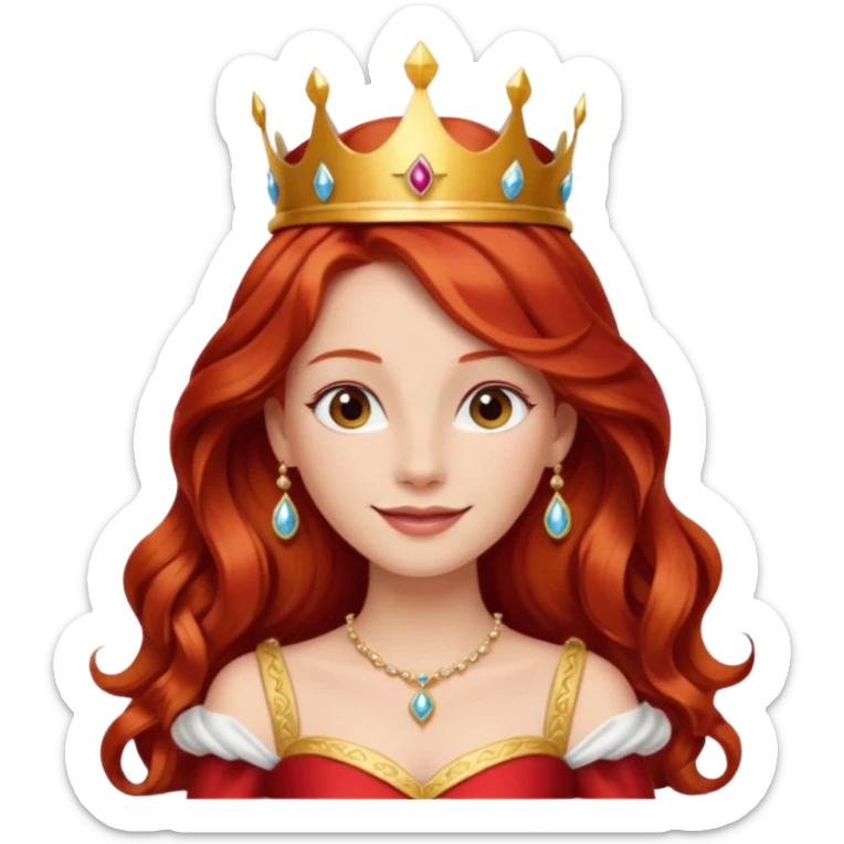 Red Haired Princess, Elegant Princess – long wavy red hair, gold crown, red-white gown, calm smile. sticker