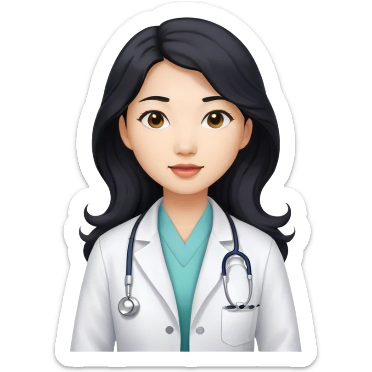 Wavy long black hair Asian female doctor in white coat sticker