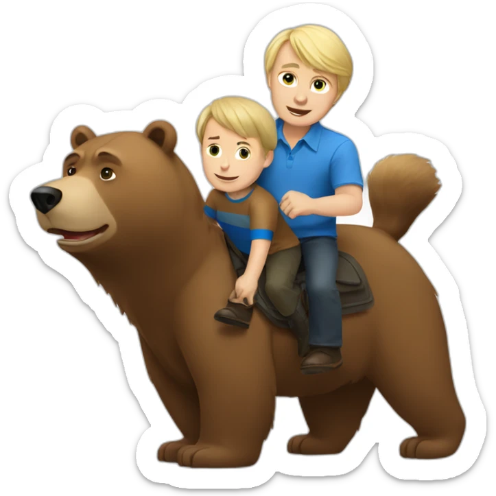 vladimir putin riding a brown bear with a little blond boy wearing a blue shirt sticker