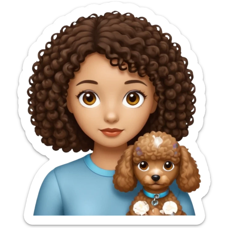 Medium skin toned girl with brown-black curly hair with brown eyes holding a light brown miniature poodle sticker