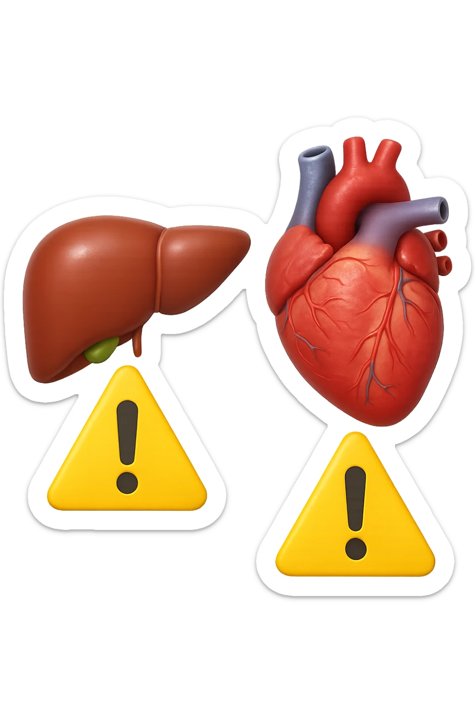 emoji stile iphone di fegato e cuore anatomici realistici in 3d che fluttuano in aria insieme a segnali di pericolo, FALLO MOLTO REALISTICO IN 3D sticker