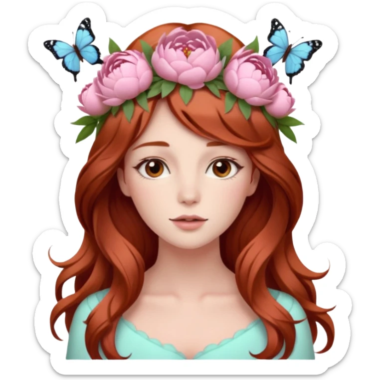 Woman with long flowing auburn hair wearing a pastel flower crown with big peonies and roses and butterflies in it sticker