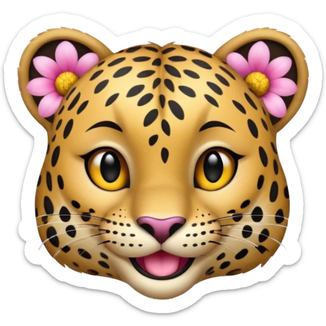 A leopard with big smile. A pink flower with a yellow center is tucked behind its right ear
 sticker