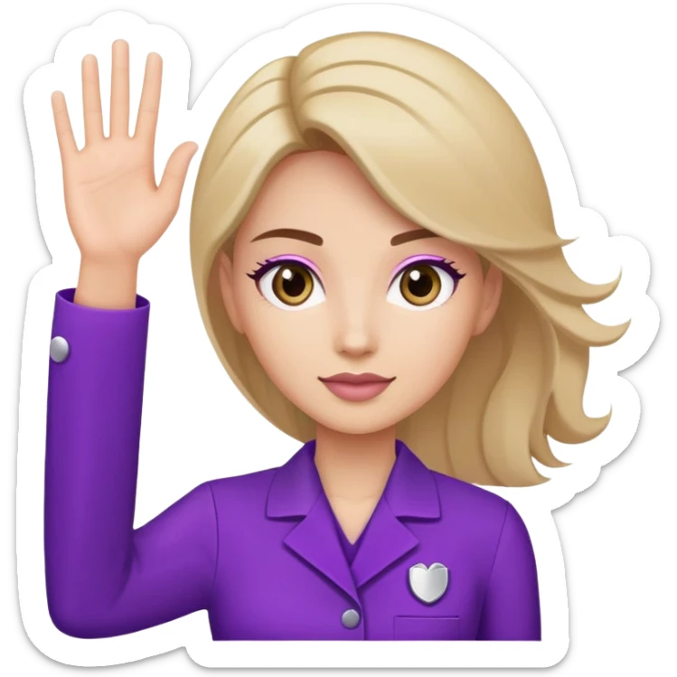 A woman raising her hand, wearing a purple beauty salon work uniform with a professional appearance sticker