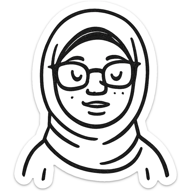 stylized icon of a black girl in a hijab and glasses, hand drawn icon style, no background sticker