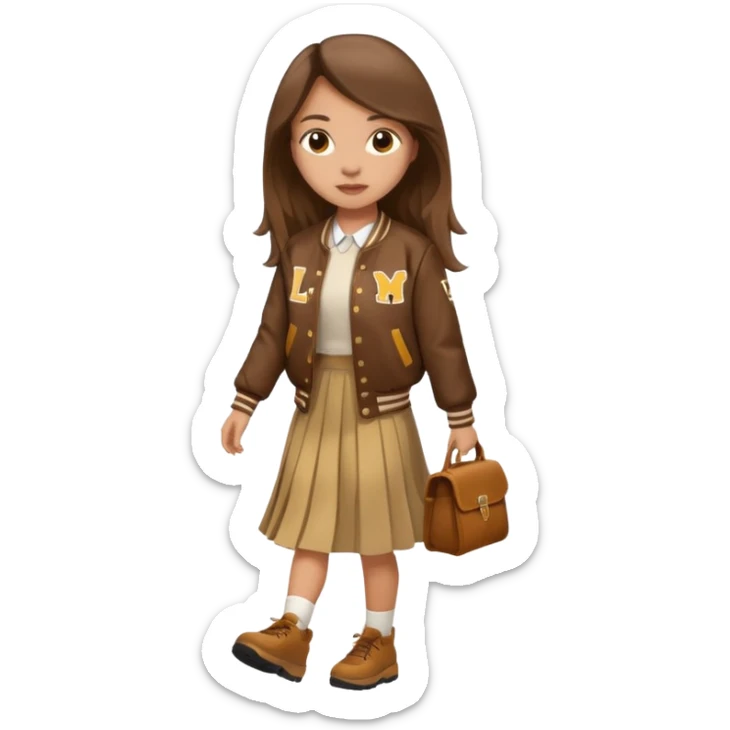 black color, light skin  long hair girl with brown varsity jacket and long skirt walking  sticker