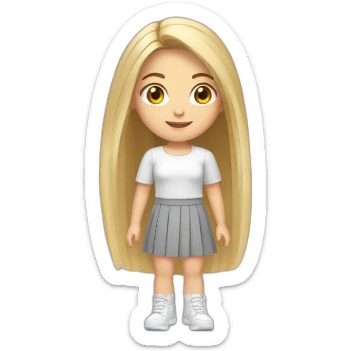 caucasian girl, long straight blonde hair, white sheer top, grey mini skirt, grey and white sneakers sticker