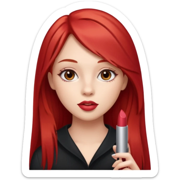 una chica con un pintalabios en la mano de 18 años, de piel blanca con el pelo liso, largo y pelirrojo, ojos marrones sticker