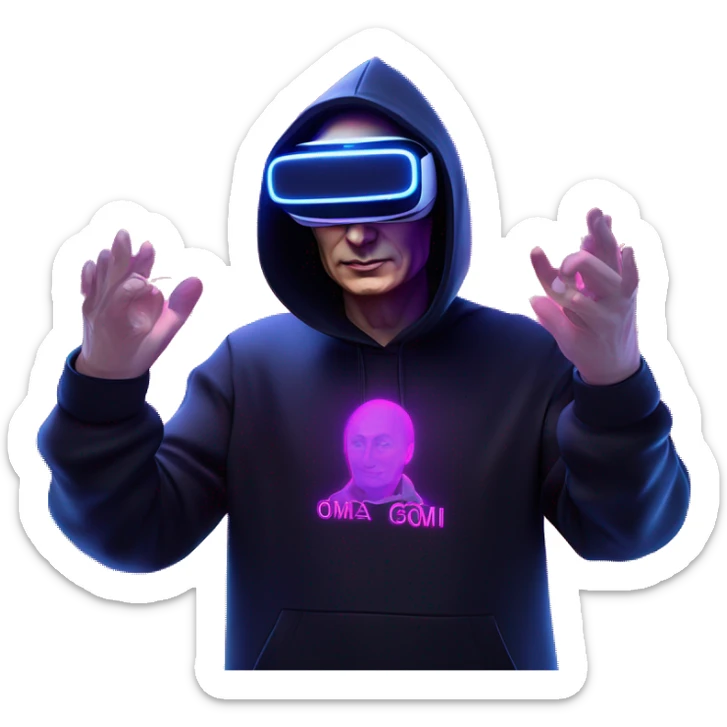 Vladimir Putin wearing a black hoodie with "OMG" letters on it and VR headset oculus quest 2 in a cyberpunk VR environment with violet neon lighting. sticker