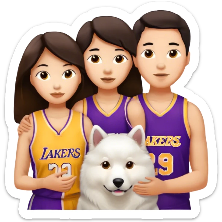 Brunettte asian couple with a Samoyed . Long hair brunette female. Short hair brunette male with lakers jersey.  sticker