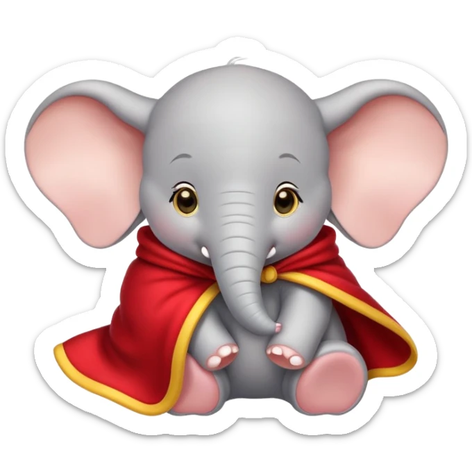 baby white dumbo elephant (disney-style), cozy in a red blanket with yellow trim sticker
