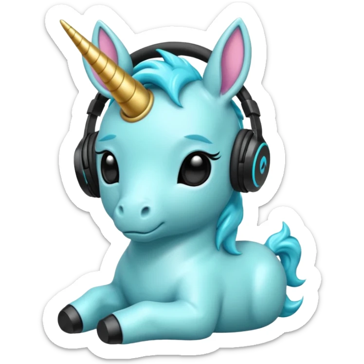 Unicornio bebé cyan sentado escuchando música con auriculares negros sticker