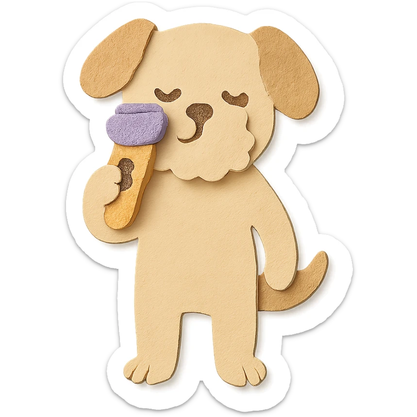 creamy beige pastel electric shaver dog brushing its fuzzy face, full-body sticker
