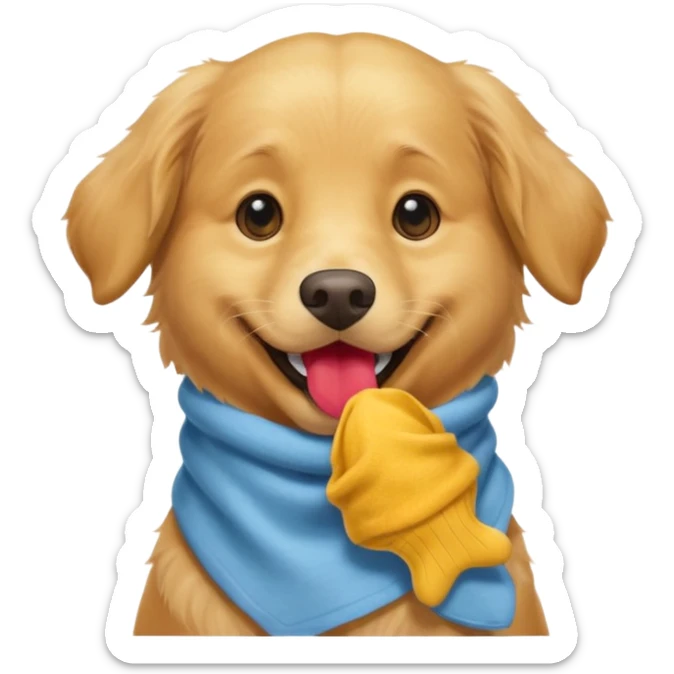 Golden retriever with a big smile holding a sock in its mouth sticker