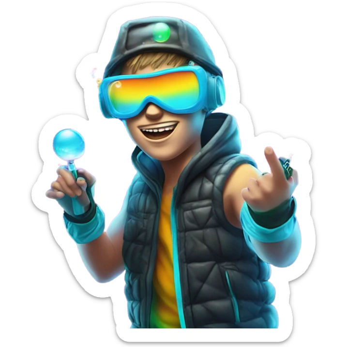 Caucasian boy in glowing rave outfit with mask, sunglasses, and headgear, shooting bubbles out of a water gun sticker