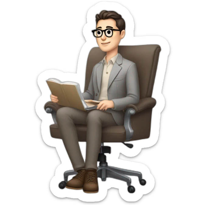 Pale skinned Fit Man With dark brown hair in gray jacket, beige office shirt and vintage glasses sitting In a soft chair with a notebook with emblem Ψ and a pen in his hands sticker