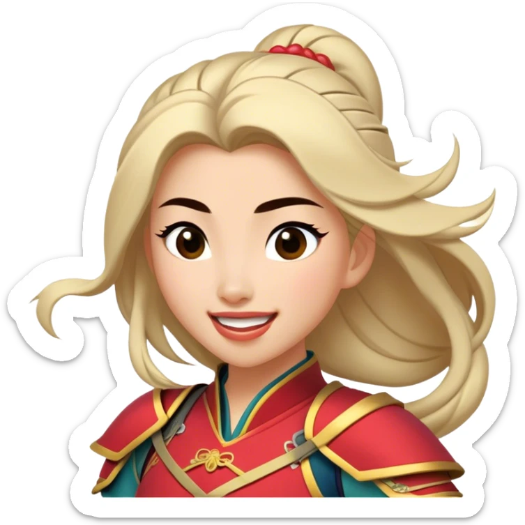Cinematic Playful Mulan Portrait Emoji, Mid-laugh with a strand of hair falling over her face, adjusting her armor, eyes full of adventure, exuding an irresistible mix of beauty and fun, the perfect blend of warrior and princess! sticker