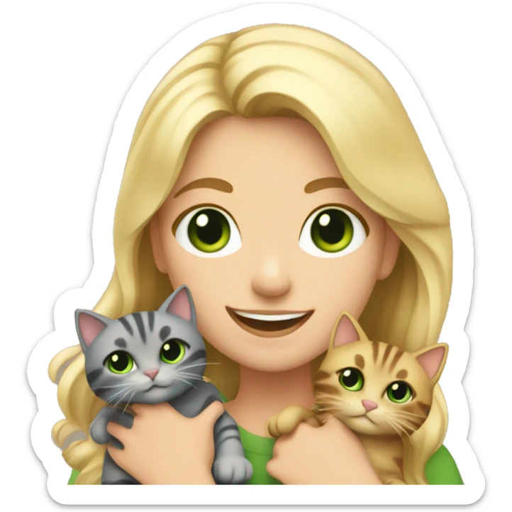 Me( blond girl with green eyes) smiling and holding bunch of cats sticker