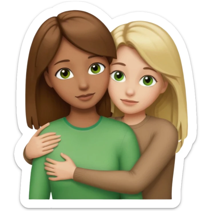 Maman cheveux marrons yeux marrons et fille cheveux blond yeux verts qui se font un câlin  sticker