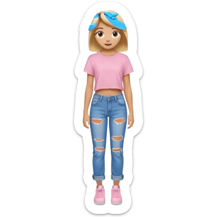 preppy teen girl, tan, blonde highlights, brown hair, long eyelashes, beach aesthetic, wearing cute clothes, sexy, wearing ripped blue baggy jeans with a light pink crop top, a little revealing  sticker