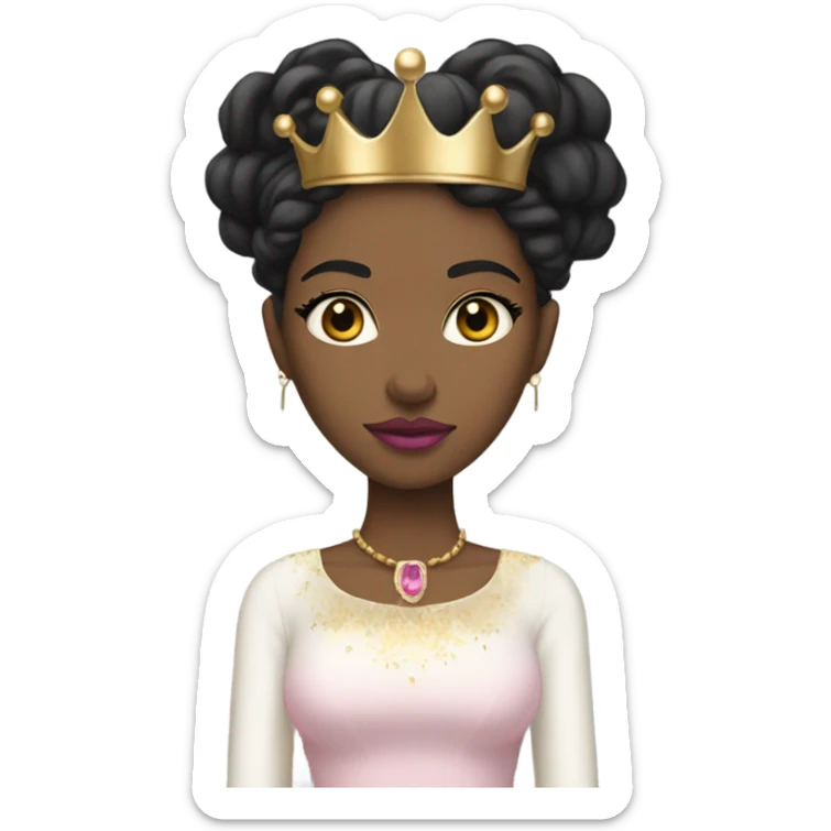 Queen with light skin, long black hair down,  pink lips, skinny gold crown, white dress, and blank stare. sticker