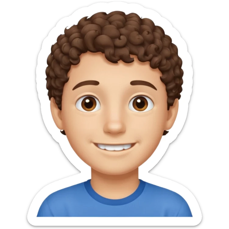 Boy with fair skin, short curly brown hair, brown eyes, smiling without showing his teeth.
 sticker