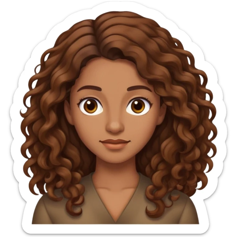 "- Nữ
- 30 tuổi
- Da nâu
- Tóc xoăn nâu, dài, phồng sang bên trái
- Mặt không cười
- Đổi ngôi tóc sticker