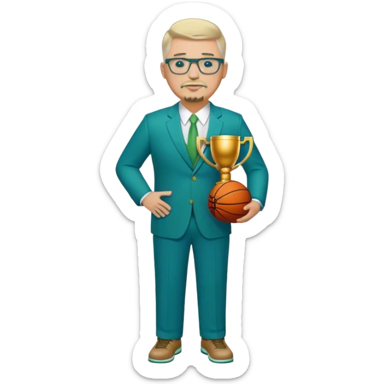 Full Body white fat male  wearing glasses with a goatee with light blonde gray very short hair basketball head Coach in blue and green suit holding trophy sticker