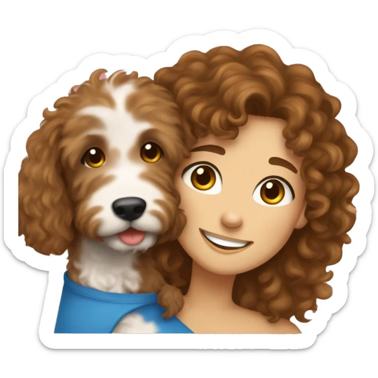 Girl with curly brown hair and blue eyes hugging a Goldendoodle and smiling sticker
