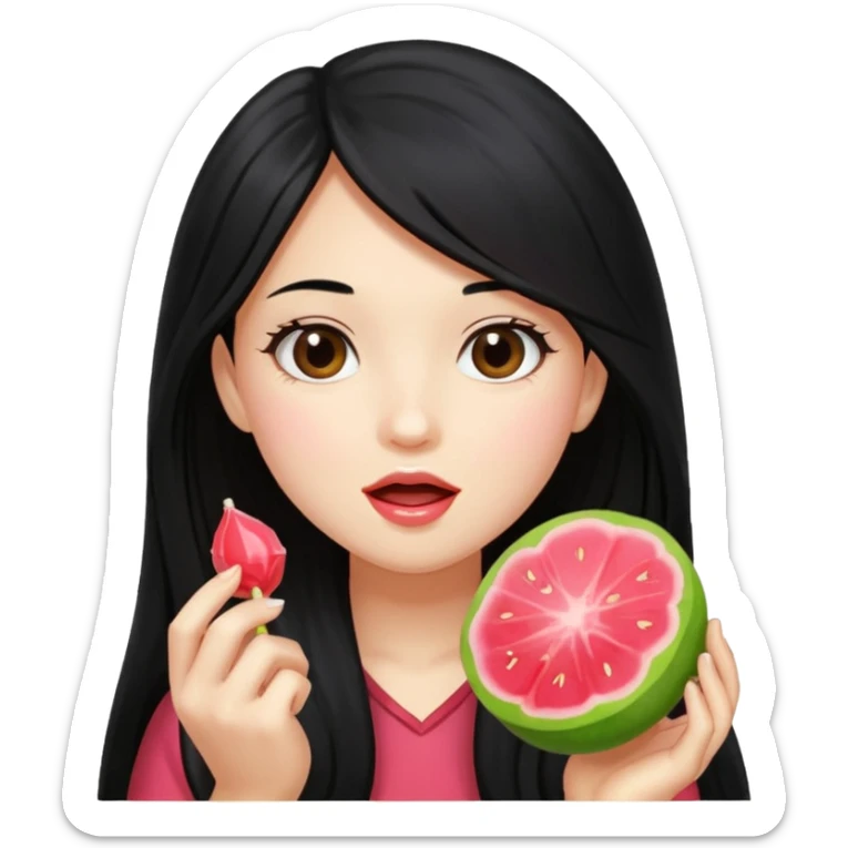 A girl with long black hair holding a piece of guava hard candy and pretending to eat it sticker