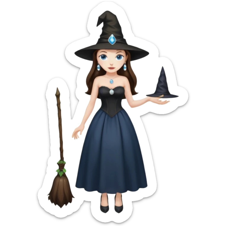 woman brunette, very large breasts, pale skin, blue eyes, long brown hair, black strapless dress, witch hat, pearl earrings, smirking, in black heels, standing, head to toe, full body, zoomed out, entire outfit visible sticker