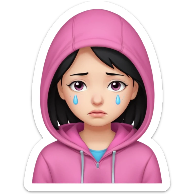 a portrait of sad girl, black hair, wear pink hoodie  sticker