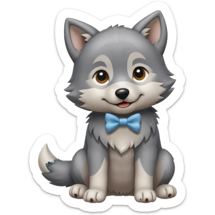 an animated gif sticker emote of a wolf puppy in a play bow wagging its tail in a smooth, natural arc over its back sticker