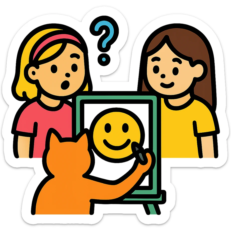 two girls guessing as a kitty draws an emoji, vibrant color icon sticker