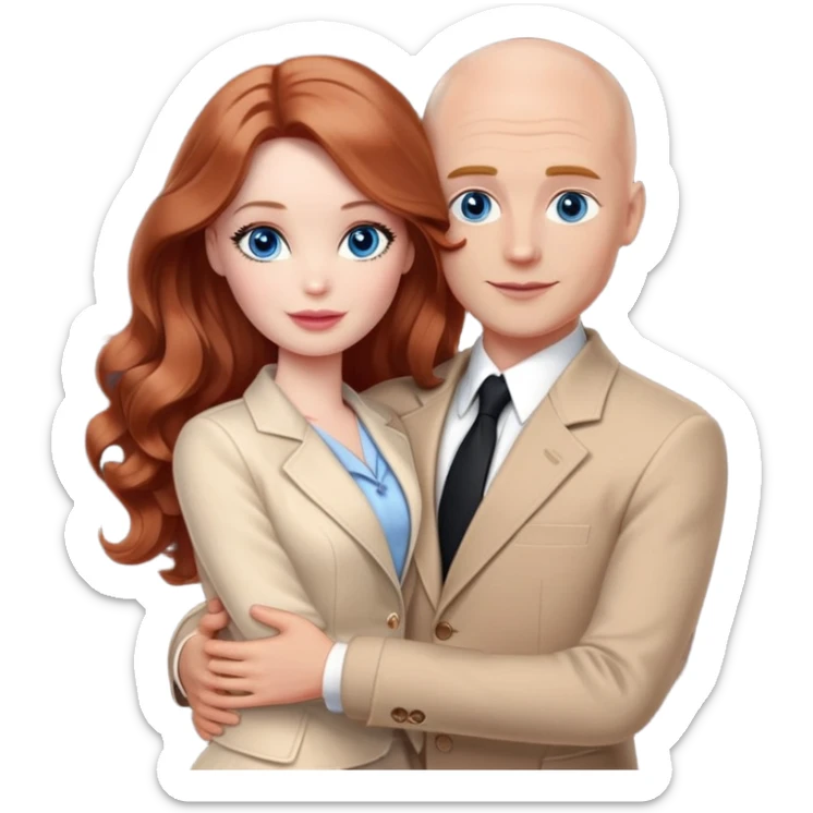 Barbie girl  , eyes blue , Chestnut red long wavy hair In pale beige clothes, Hugs a man with light brown hair bald, brown eyes , and a black suit sticker