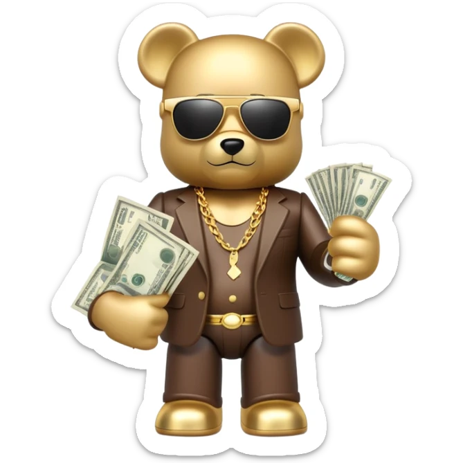 hustler bearbrick toy figure wearing gold chain, sunglasses and money sticker