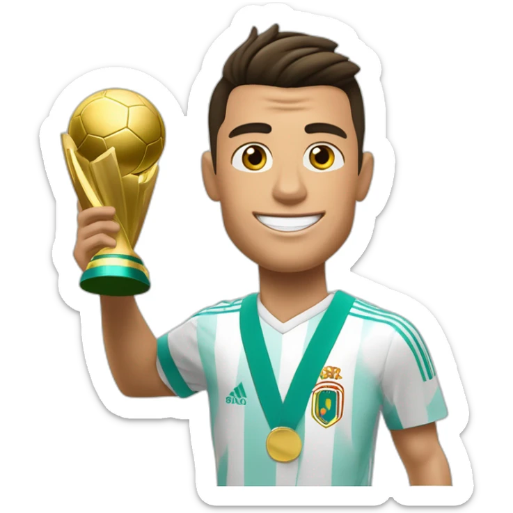 cristiano ronaldo con el balon de oro en sus mano izquierda y en la otra la copa del munidal sticker