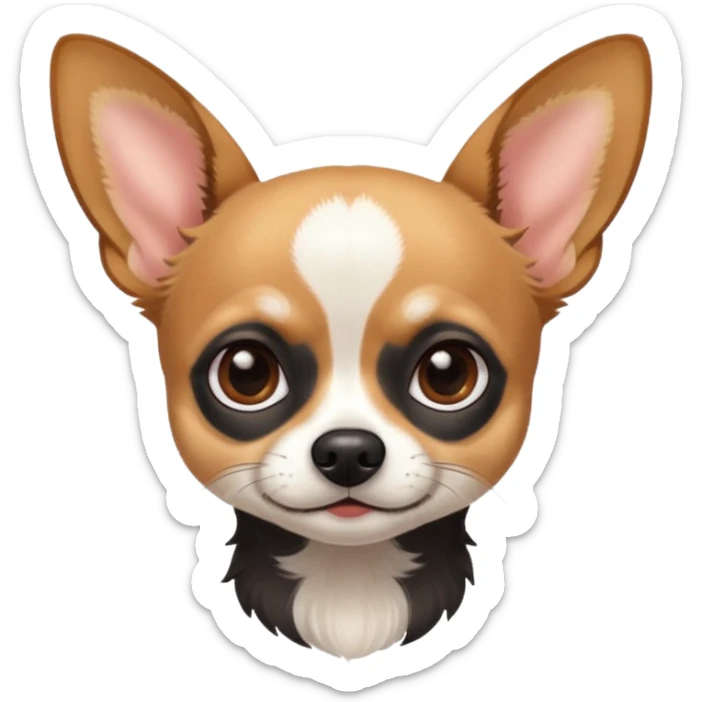 Chihuahua with white black fur on the forehead and a brown snout with a black nose sticker