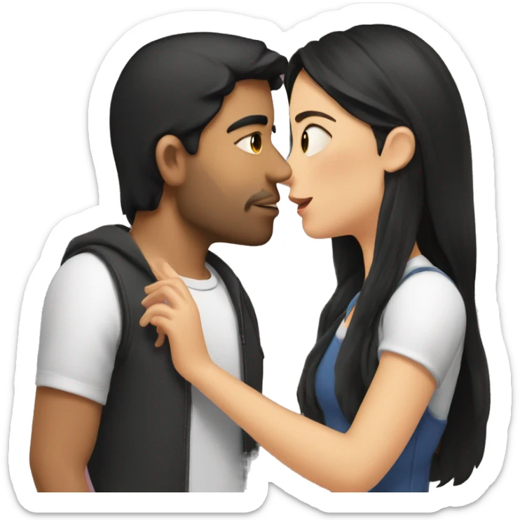 A guy with dark hair kisses a girl with long dark hair on the cheek sticker