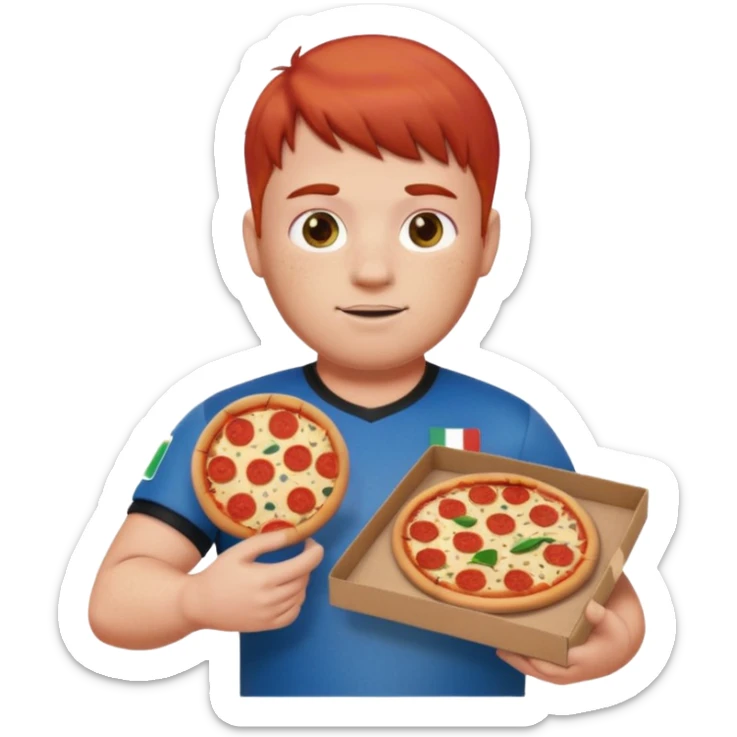 male emoji with red hair in faded cut and styled bangs, chubby build, light freckles, wearing black baggy jeans and 2024 Italy home soccer jersey, holding a pizza box sticker