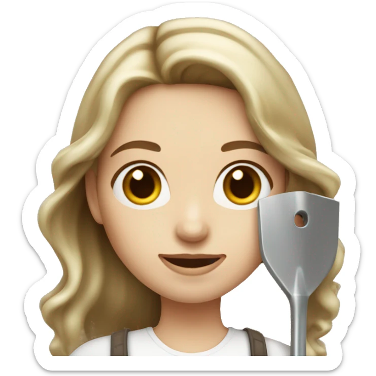 Woman holding one metal shovel with pale skin and hair brown highlights long wavy sticker