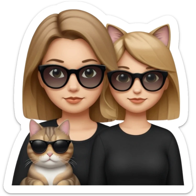 white woman with long light brown ombre hair past shoulders, wearing black clothes and very opaque black sunglasses, smirking and looking cool, next to a chubby grey tabby cat with very opaque black sunglasses, also smirking and looking cool, Apple emoji style, only one woman and one cat sticker